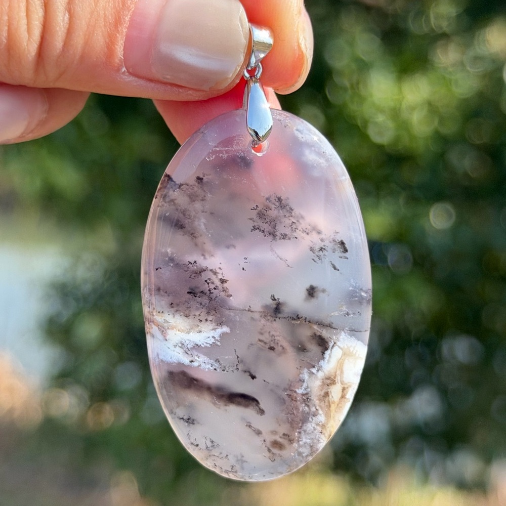 Sterling silver 925‎ stamped natural scenic agate pendant 1039